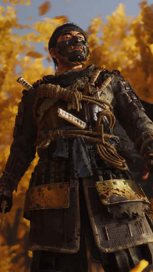 身穿精細鎧甲的武士戰士，站在落葉紛飛的秋林中。 — 對馬戰鬼 GIF 壁紙