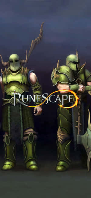 兩名身穿綠色盔甲的騎士守衛，RuneScape 標誌在他們之間發光。 — iPhone Air 壁紙