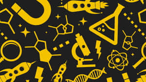 黑色背景上的黃色科學符號，包括火箭、顯微鏡和DNA鏈。