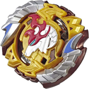 一個色彩繽紛的金屬Beyblade玩具，帶有火焰設計。