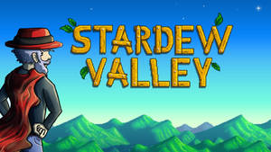 戴紅帽的像素藝術農夫站在 Stardew Valley 標題前，有山脈和星星。