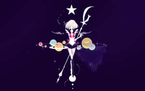 白髮動漫女孩手持新月法杖，被太空中的行星和星星環繞。