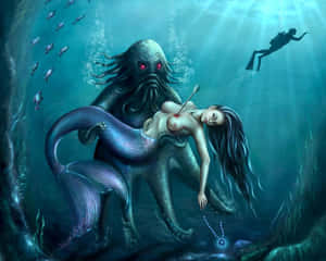 一條美人魚被箭刺穿，被一隻巨型章魚在水底抓住，附近還有一位潛水員。 — 美人魚 GIF 壁紙