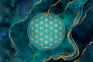 金色生命之花符號在藍綠色水彩背景上帶有金色紋理。