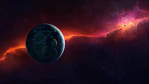 一顆帶有衛星的行星在深空中環繞著發光的星雲。