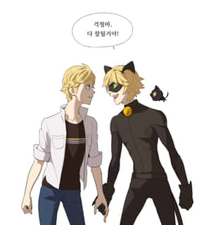 兩個動漫角色，一個穿著休閒服，另一個穿著黑色貓主題英雄套裝，有綠色眼睛和一個小貓夥伴。