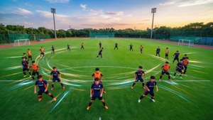 足球運動員在暮色中於帶有發光運動軌蹟的球場上訓練。