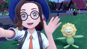動漫女孩在遊戲場景中向微笑的向日葵寶可夢揮手。