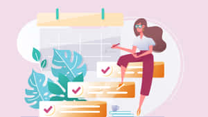 戴眼鏡的女性在日曆上檢查任務，伴隨著熱帶植物和咖啡。