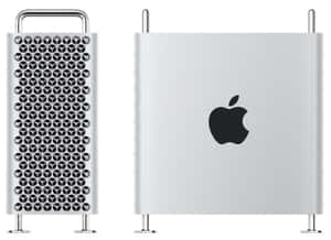 兩部銀色 Apple Mac Pro 電腦正面和背面展示。