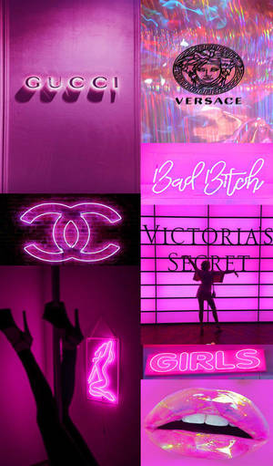 粉紅色霓虹燈牌，展示Gucci Versace Chanel Victoria's Secret 和 Girls，附有嘴唇和剪影。
