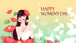 快樂婦女節插畫，有微笑的女性、紅色花朵和白色蝴蝶。