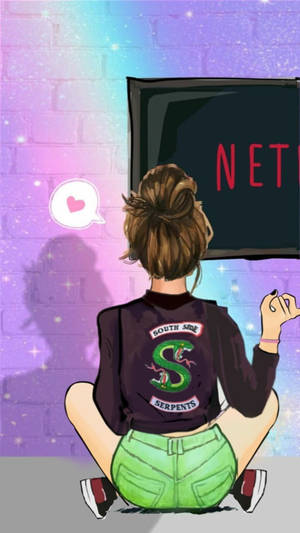 女孩穿連帽衫看電視上的Netflix，背景是閃亮紫色牆 — 粉紅動漫美學 壁紙