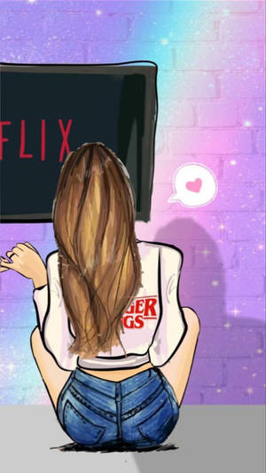 女孩在電視上看Netflix，紫色磚牆上有閃光 — 淺粉紅色美學動圖 壁紙