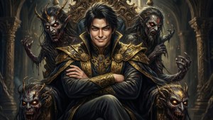 一位陰暗的領主身穿金色鎧甲，坐在哥德式大教堂的王座上，被惡魔生物包圍。