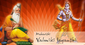 Maharishi Valmiki撰寫《羅摩衍那》，羅摩勳爵以神聖形態站在他身旁。