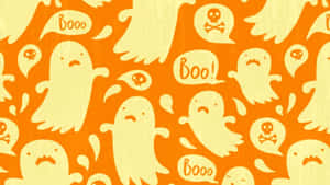 橙色背景上，可愛的白色卡通鬼魂和骷髏頭說着Boo — 萬聖節恐怖 壁紙