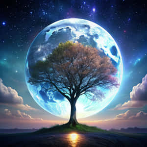 一棵帶著秋天葉子的樹，站在一個島上，下方是一個巨大的發光藍色星球，在繁星點點的天空中。