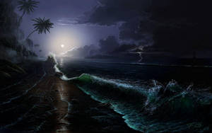 月光下的熱帶海灘，夜晚有破碎的波浪和暴風雲。 — 最佳 壁紙