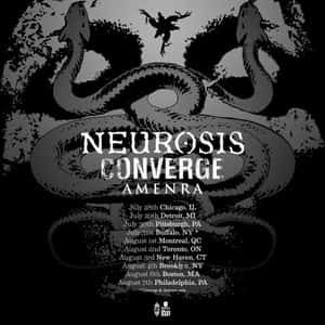 為 Neurosis 和 Amenra 巡演設計的垃圾搖滾風格演唱會海報，帶有盤繞的蛇和惡魔般的人物。