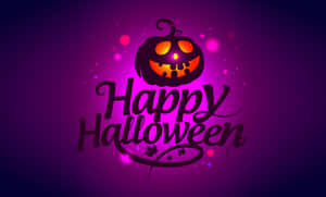 紫色背景上帶有發光南瓜燈籠和閃爍效果的Happy Halloween文字。