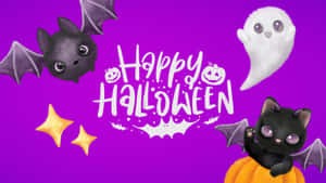 Happy Halloween 與可愛蝙蝠、鬼魂和貓咪在紫色背景上