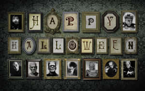 帶有裱框經典恐怖電影怪物拼出 Happy Halloween 的壁紙。