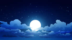 滿月在繁星點點的夜空雲層後發光。