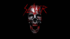 黑色背景上帶有血跡和紅色 Slayer 樂隊標誌的頭骨