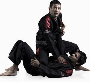 兩名男性武術家身穿黑色道服喺白色背景上進行纏鬥技術。