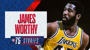 James Worthy身穿湖人隊球衣，幾何背景上帶有'75 Stories'圖案。