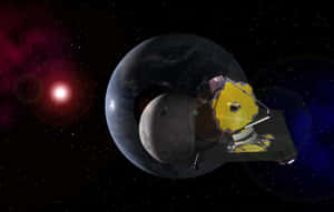 望遠鏡在色彩繽紛、充滿星雲的太空場景中環繞行星和月球運行。