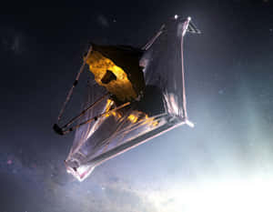 帶有發光面板的未來衛星在星空宇宙中漂流。