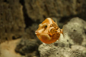 斑點橙色箱魨在水族箱中靠近紋理岩石游泳 — 動物 壁紙