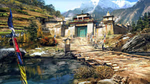 西藏寺院坐落在雪山之中，河邊有經幡。
