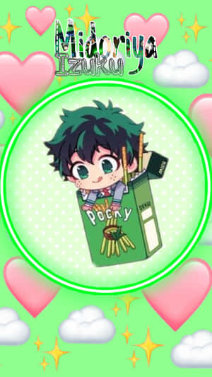 Q版動漫男孩從Pocky零食盒中出現，伴有心形和雲朵。 — 反派出久 壁紙
