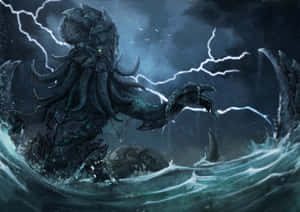 巨大海怪從暴風雨中升起，天空中有閃電