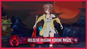 動畫角色 Hololive Inugami Korone Nasus 在黑暗森林中，紅月與血染武器。