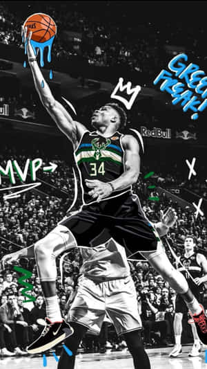 籃球運動員在半空中入樽，帶有藍色油漆滴和「Green Freak MVP」塗鴉。