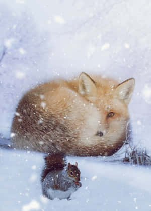 一隻紅狐和一隻灰松鼠在飄雪的冬季場景中。 — 狐狸 壁紙