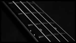 低音結他指板特寫，帶有弦線和圓點標記。