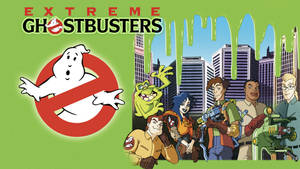 Extreme Ghostbusters 團隊帶有鬼魂標誌，綠色黏液滴落在城市天際線上。