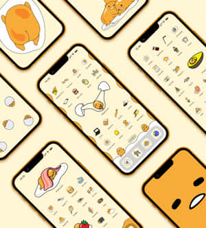 顯示 Gudetama 主題壁紙和應用程式圖標的手機。 — Oppo Find N5 壁紙