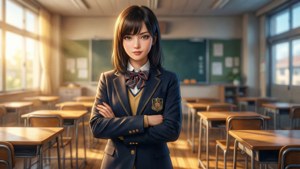 著住校服嘅動漫女仔喺有陽光嘅空課室入面自信咁企喺度。