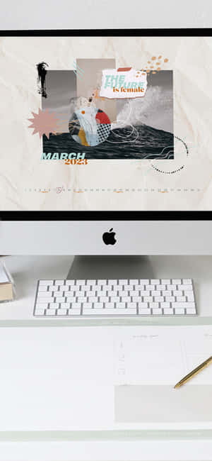 極簡風格的桌面桌布，帶有女性主義日曆和 Apple iMac 設置。