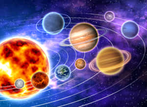 太陽系，太陽和行星在多彩的太空運行。