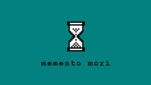 像素化沙漏，悲傷表情，memento mori文字，青綠色背景。
