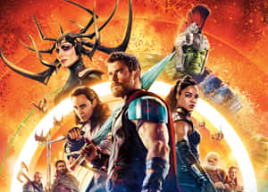 Marvel 超級英雄團隊，包括 Thor、Hulk 和 Loki，在熾熱的宇宙戰鬥場景中。