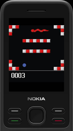 Nokia手機屏幕顯示一個復古像素遊戲，得分為0003。
