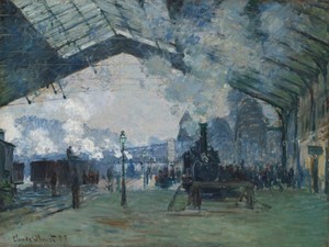 克勞德·莫內於1877年創作的油畫作品《諾曼第列車抵達聖拉薩車站》。下載此藝術作品作為桌面高解析度桌布。